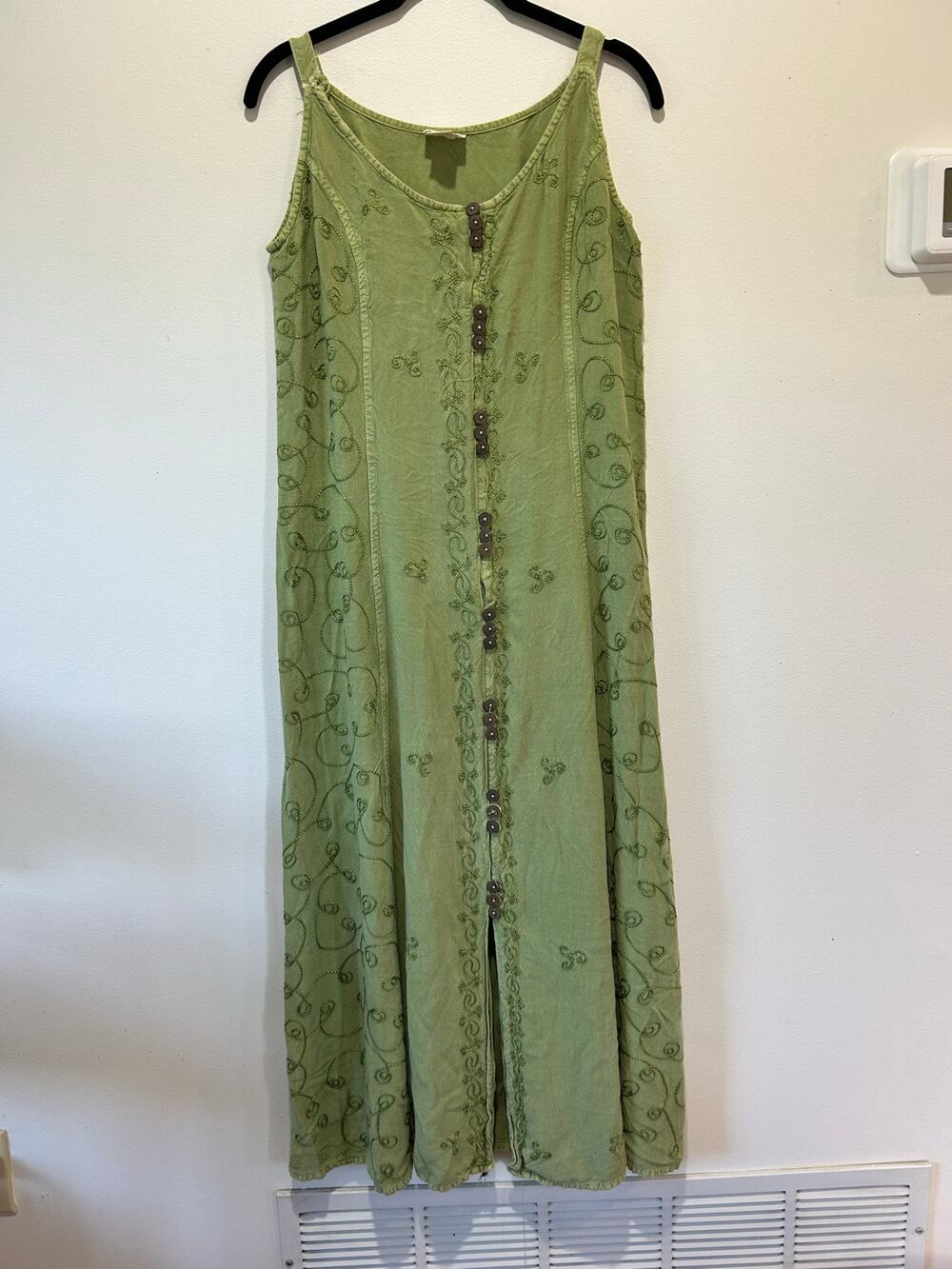 Riva maxi dress green embroidered tank shirt dress size L boho casual